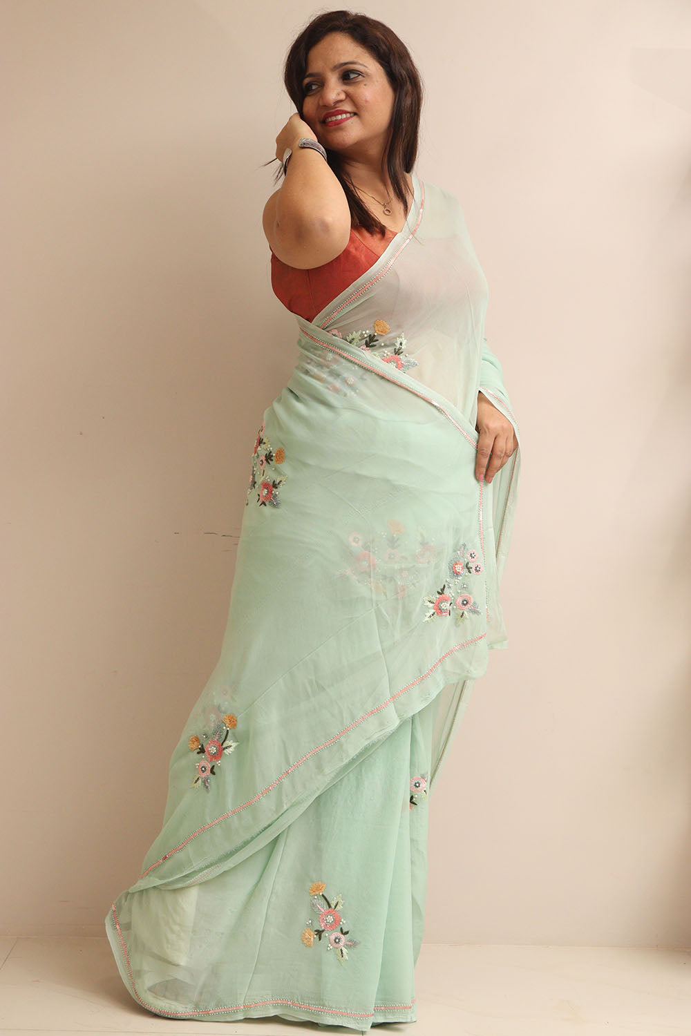 Sea Green Trendy Pure Georgette Sequins Work Saree - Luxurion World