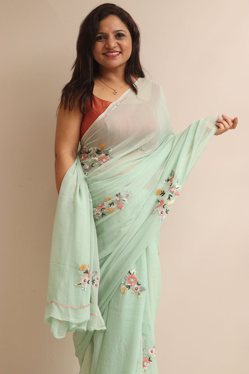 Sea Green Trendy Pure Georgette Sequins Work Saree - Luxurion World