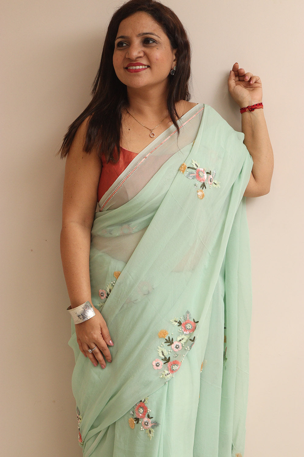 Sea Green Trendy Pure Georgette Sequins Work Saree - Luxurion World