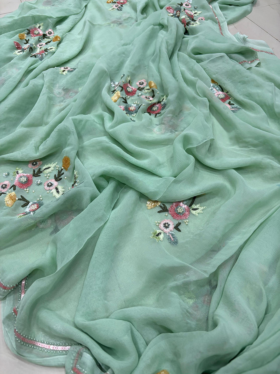 Sea Green Trendy Pure Georgette Sequins Work Saree - Luxurion World