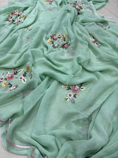 Sea Green Trendy Pure Georgette Sequins Work Saree - Luxurion World