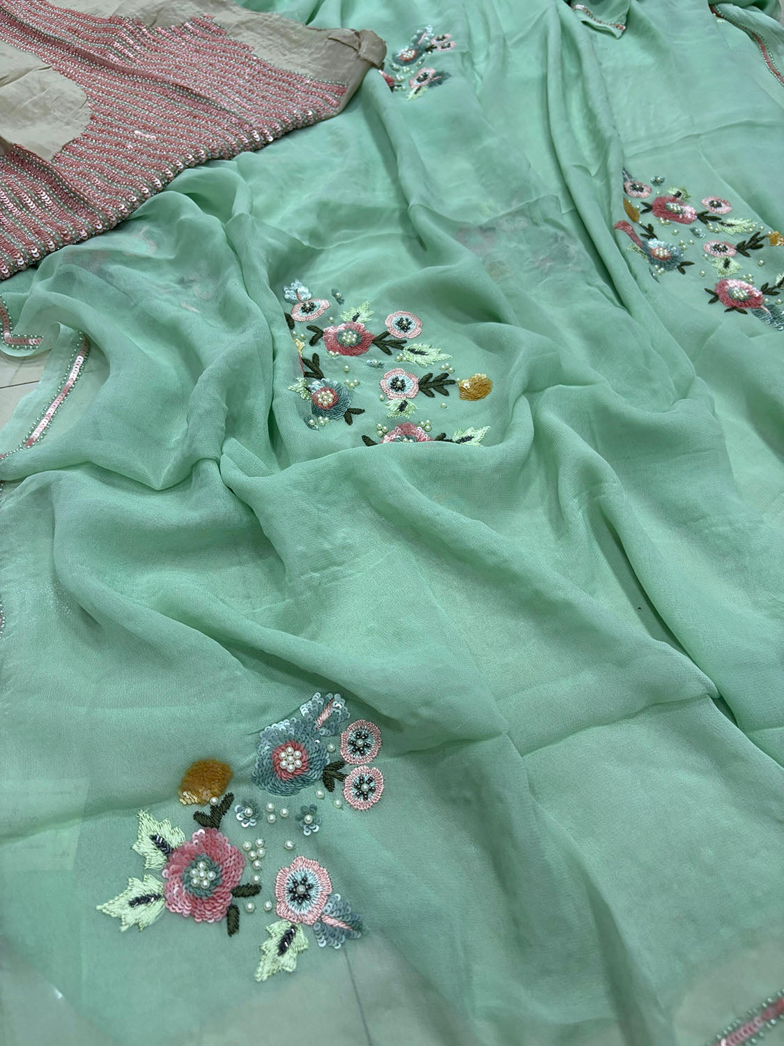 Sea Green Trendy Pure Georgette Sequins Work Saree - Luxurion World