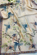 Pastel Crushed Tissue Silk Hand Embroidered Kantha And Cutdana Work Saree - Luxurion World