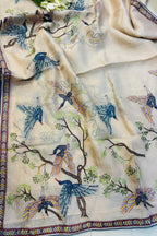 Pastel Crushed Tissue Silk Hand Embroidered Kantha And Cutdana Work Saree - Luxurion World