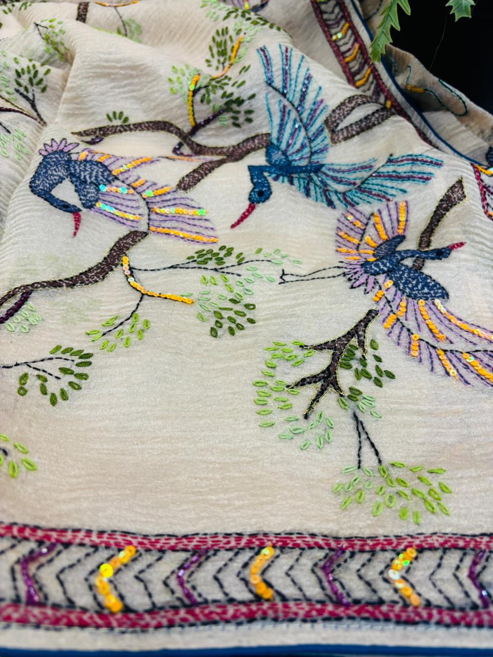 Pastel Crushed Tissue Silk Hand Embroidered Kantha And Cutdana Work Saree - Luxurion World