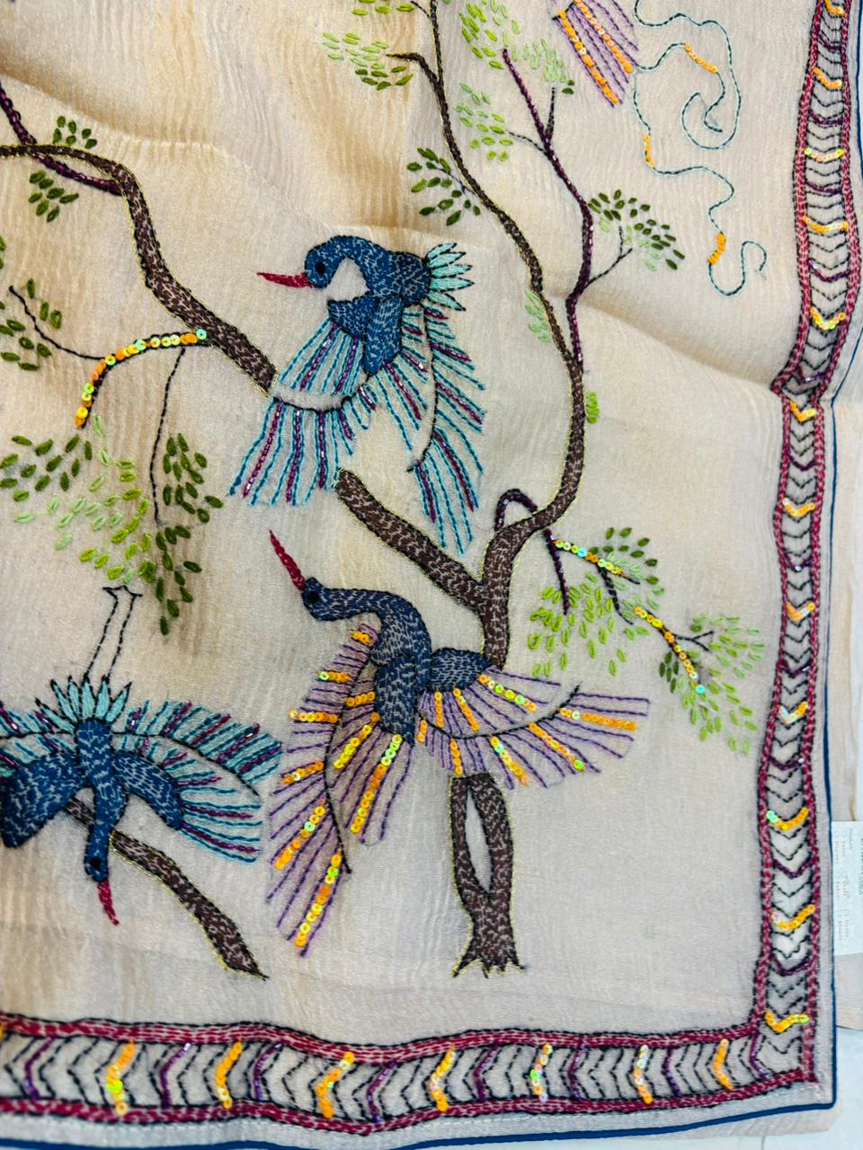 Pastel Crushed Tissue Silk Hand Embroidered Kantha And Cutdana Work Saree - Luxurion World