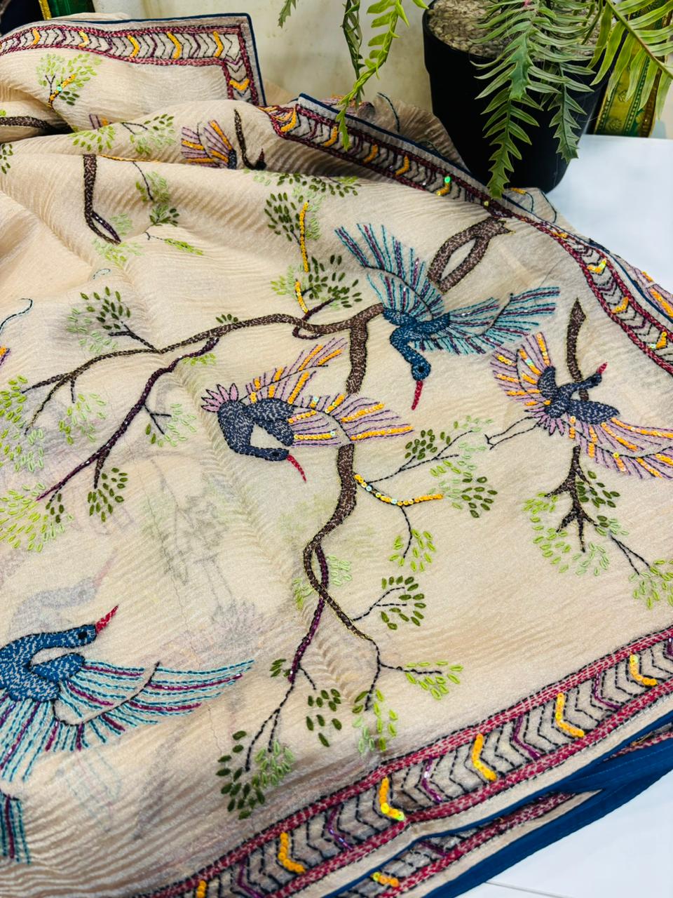 Pastel Crushed Tissue Silk Hand Embroidered Kantha And Cutdana Work Saree - Luxurion World