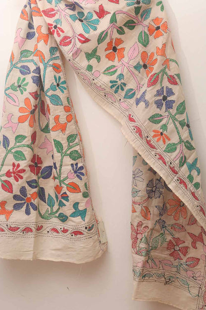 Off White Hand Embroidered Kantha Tussar Silk Stole - Luxurion World