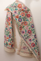 Off White Hand Embroidered Kantha Tussar Silk Stole - Luxurion World