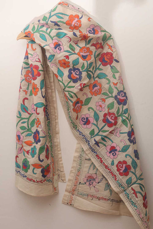 Off White Hand Embroidered Kantha Tussar Silk Stole - Luxurion World