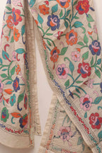 Off White Hand Embroidered Kantha Tussar Silk Stole - Luxurion World