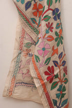 Off White Hand Embroidered Kantha Tussar Silk Stole - Luxurion World
