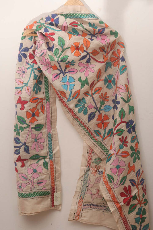 Off White Hand Embroidered Kantha Tussar Silk Stole - Luxurion World