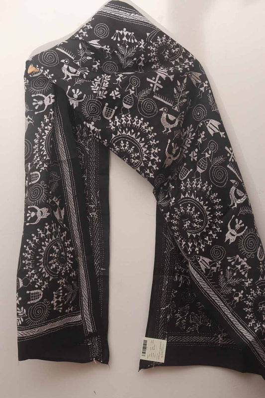 Black Hand Embroidered Kantha Pure Bangalore Silk Stole - Luxurion World