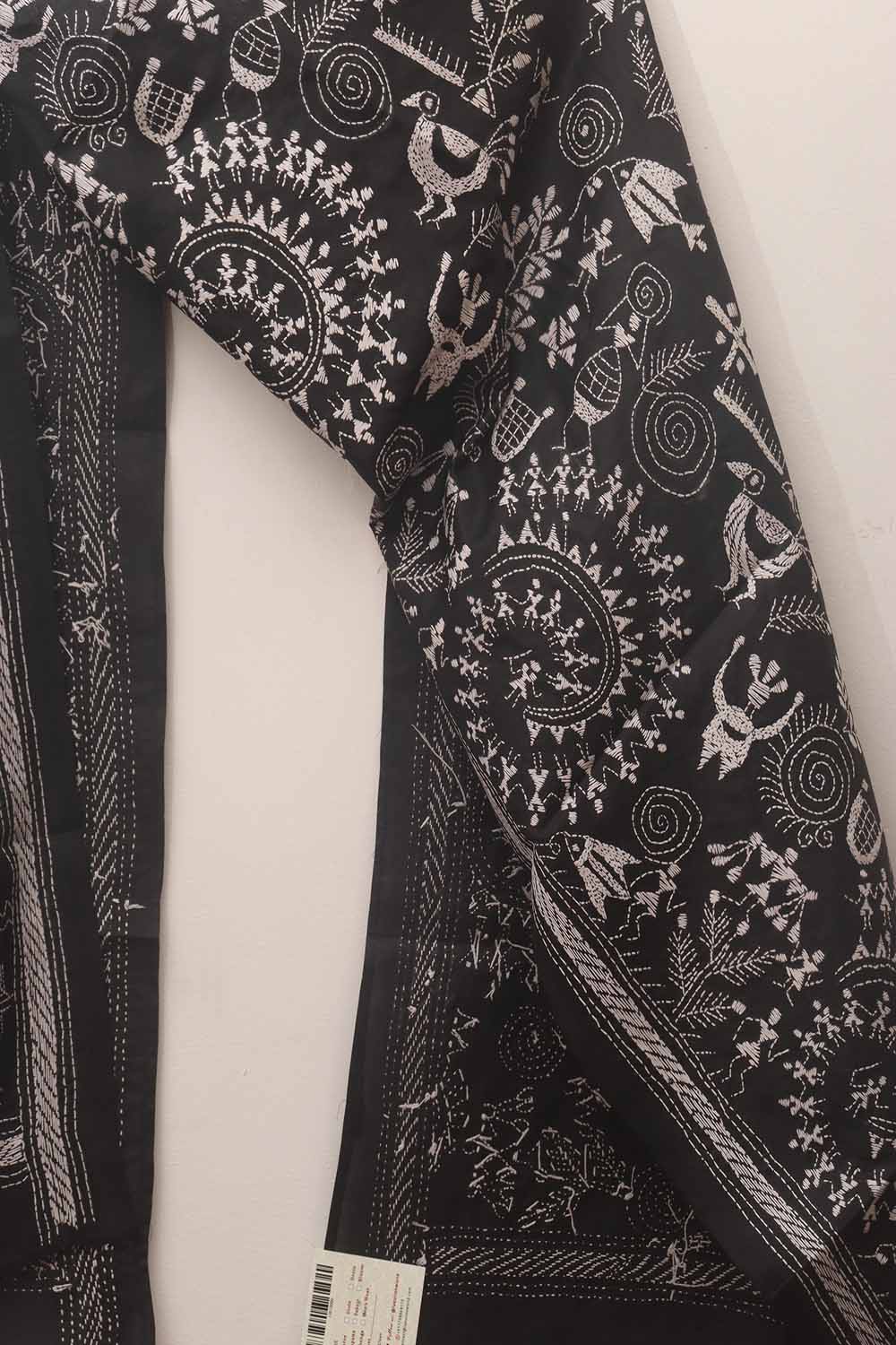 Black Hand Embroidered Kantha Pure Bangalore Silk Stole - Luxurion World