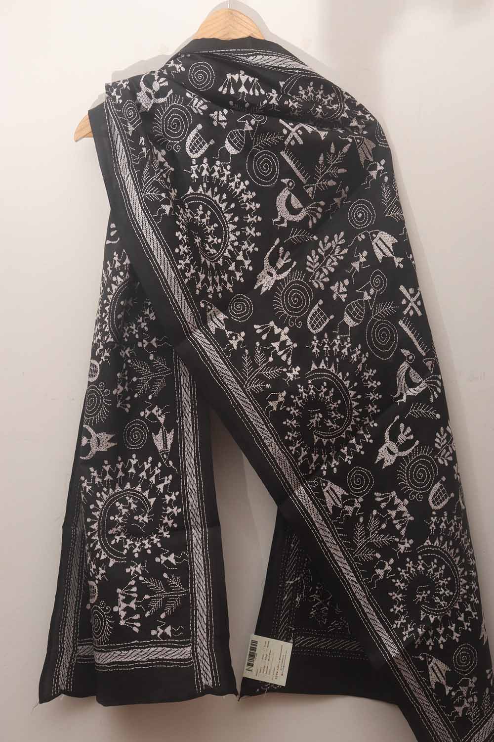 Black Hand Embroidered Kantha Pure Bangalore Silk Stole - Luxurion World