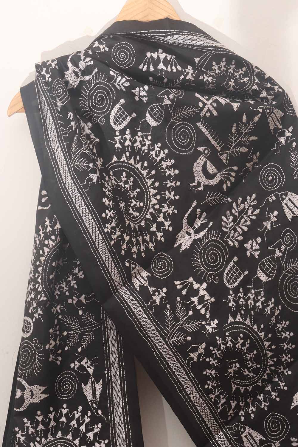 Black Hand Embroidered Kantha Pure Bangalore Silk Stole - Luxurion World