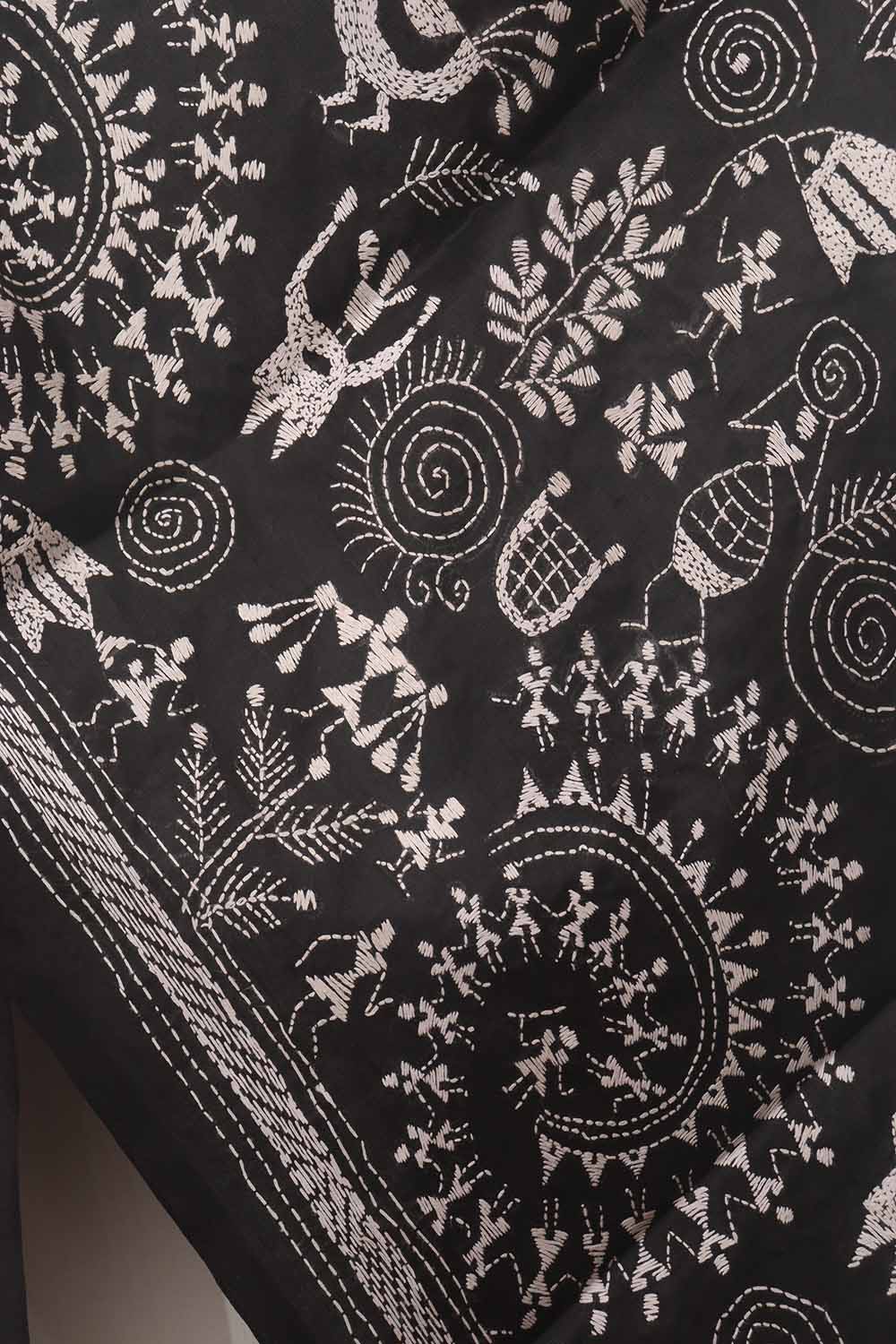 Black Hand Embroidered Kantha Pure Bangalore Silk Stole