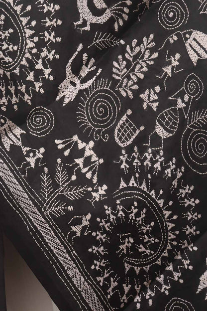 Black Hand Embroidered Kantha Pure Bangalore Silk Stole - Luxurion World