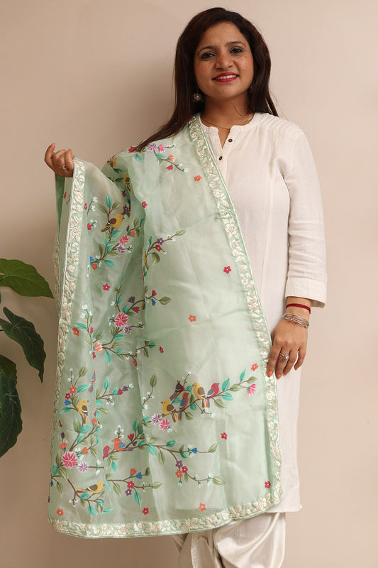 Green Embroidered Parsi Organza Flower And Bird Design Hand Painted Stole - Luxurion World
