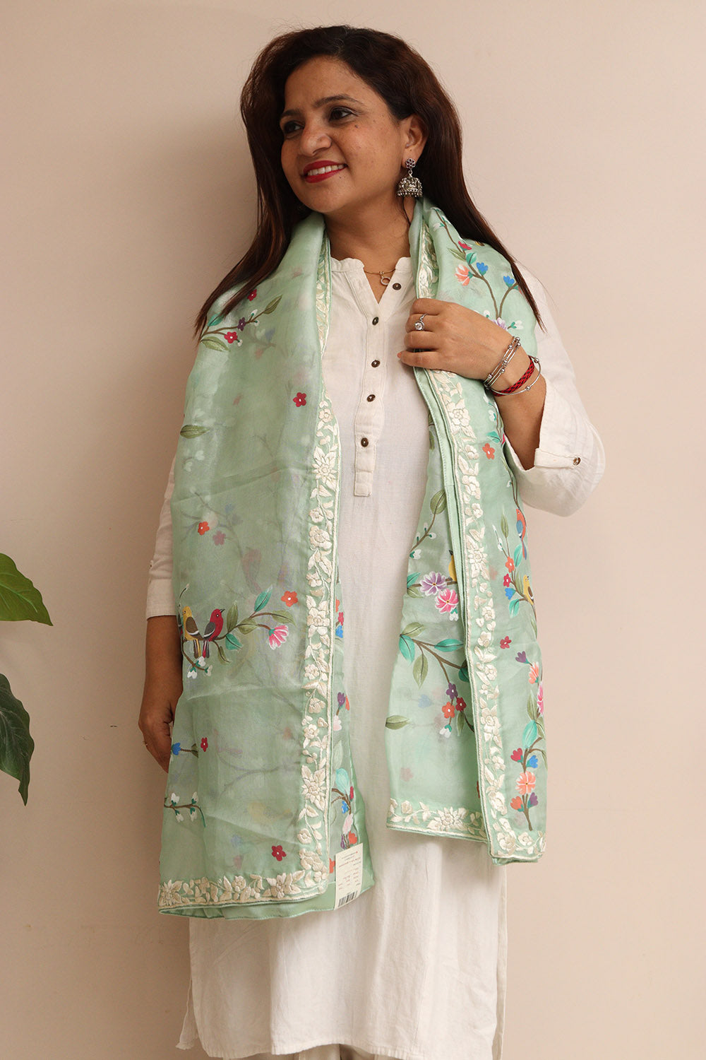 Green Embroidered Parsi Organza Flower And Bird Design Hand Painted Stole - Luxurion World