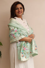 Green Embroidered Parsi Organza Flower And Bird Design Hand Painted Stole - Luxurion World