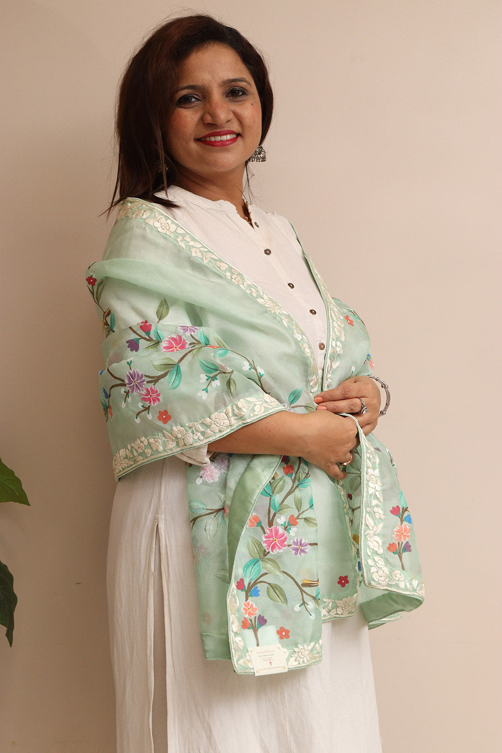 Green Embroidered Parsi Organza Flower And Bird Design Hand Painted Stole - Luxurion World