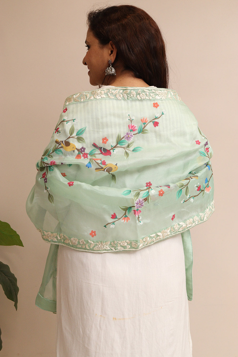 Green Embroidered Parsi Organza Flower And Bird Design Hand Painted Stole - Luxurion World
