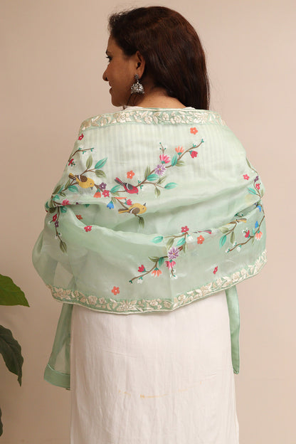 Green Embroidered Parsi Organza Flower And Bird Design Hand Painted Stole - Luxurion World