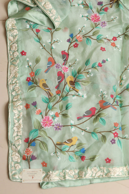 Green Embroidered Parsi Organza Flower And Bird Design Hand Painted Stole - Luxurion World