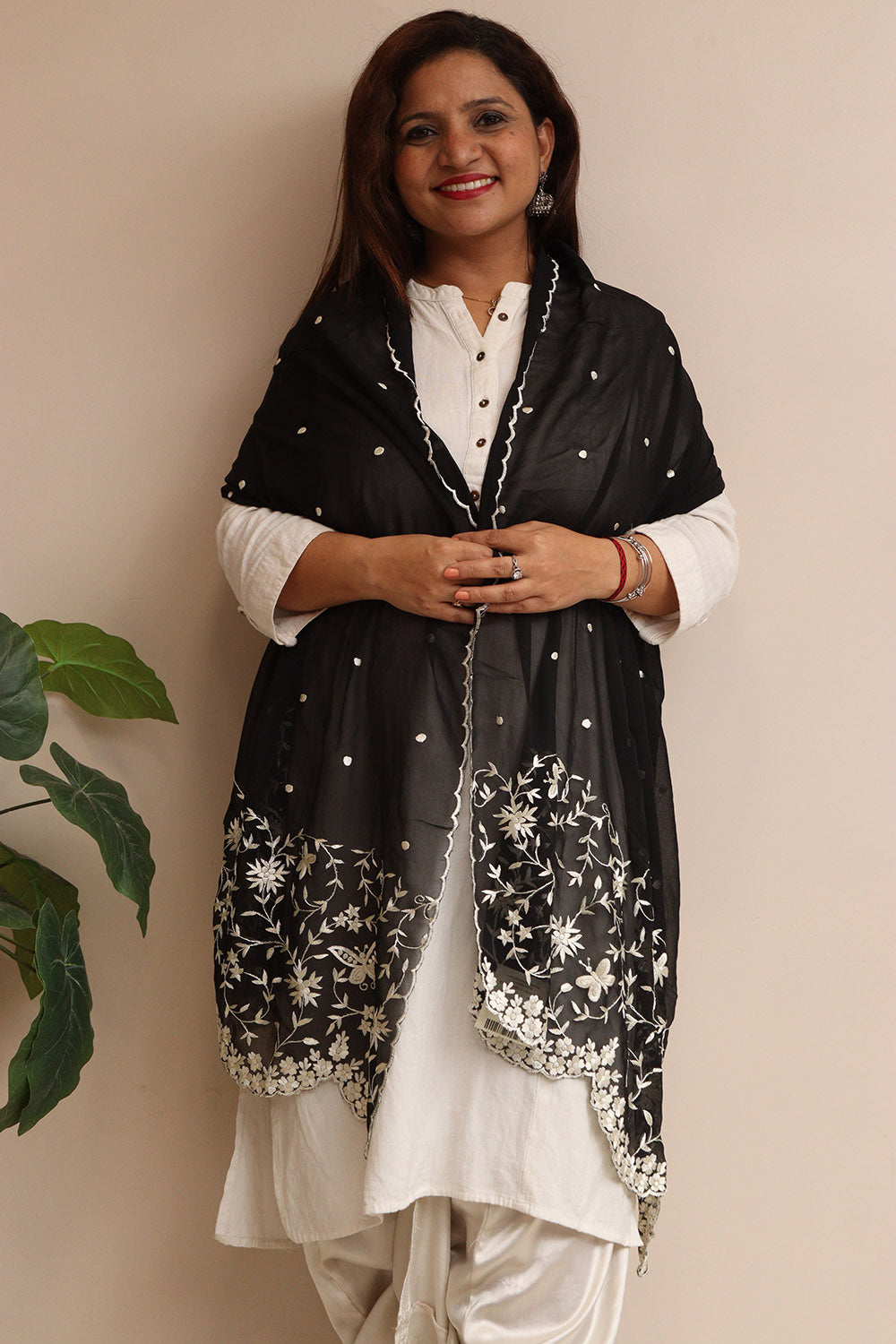 Black Hand Embroidered Parsi Georgette Flower Design Stole - Luxurion World