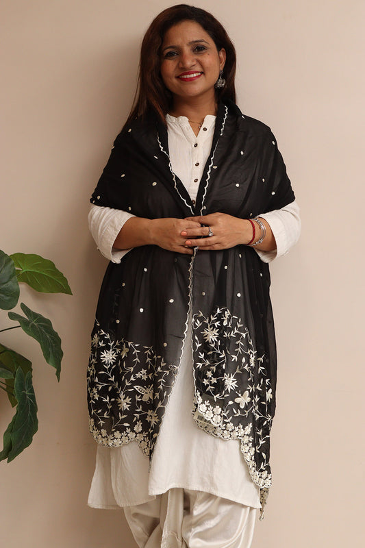 Black Hand Embroidered Parsi Georgette Flower Design Stole - Luxurion World