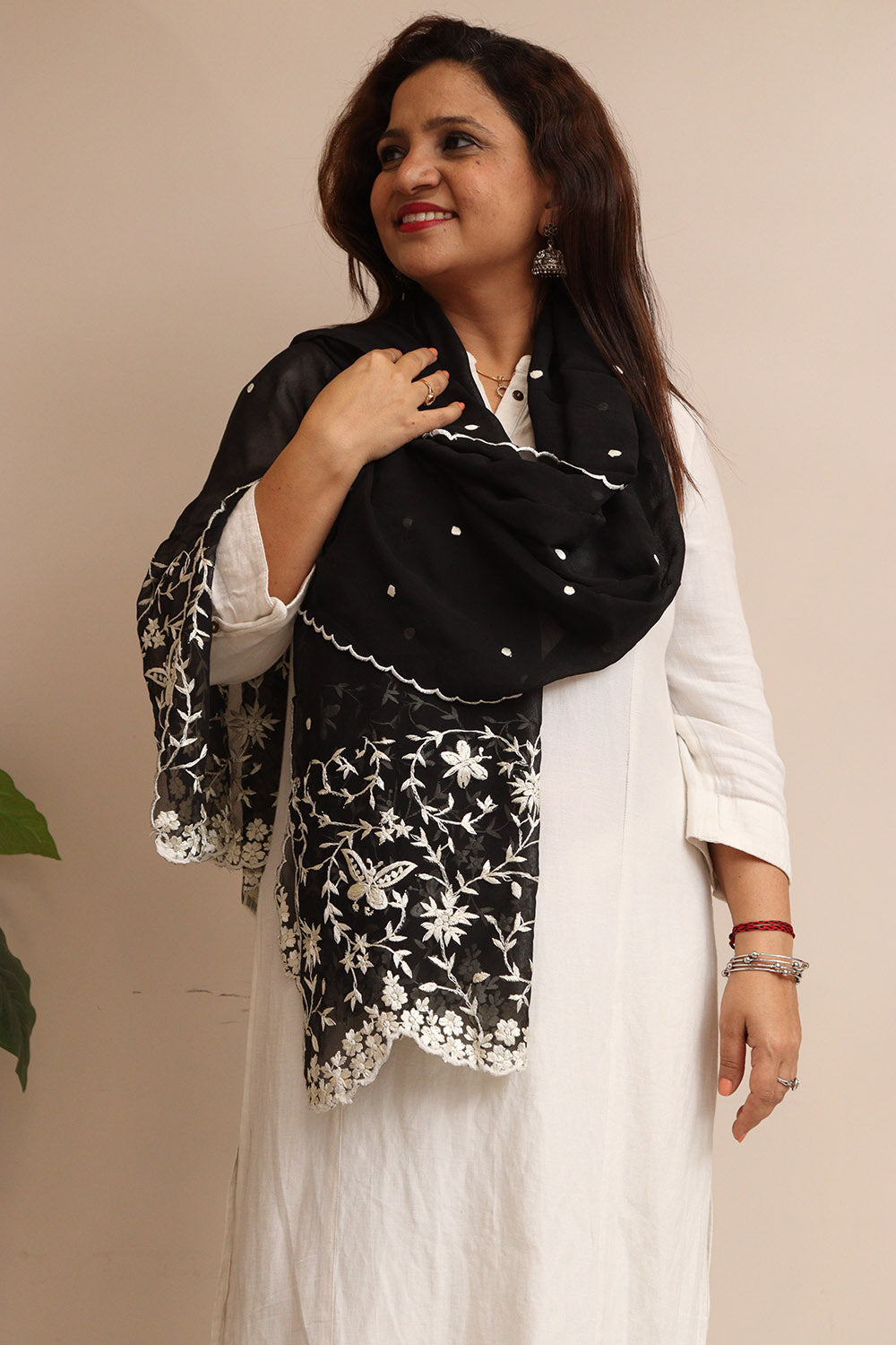 Black Hand Embroidered Parsi Georgette Flower Design Stole - Luxurion World