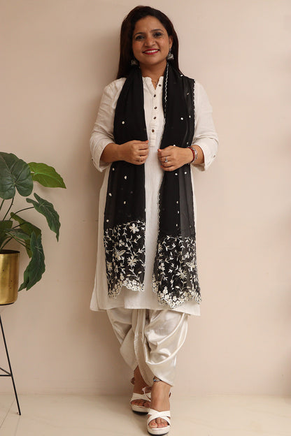 Black Hand Embroidered Parsi Georgette Flower Design Stole - Luxurion World