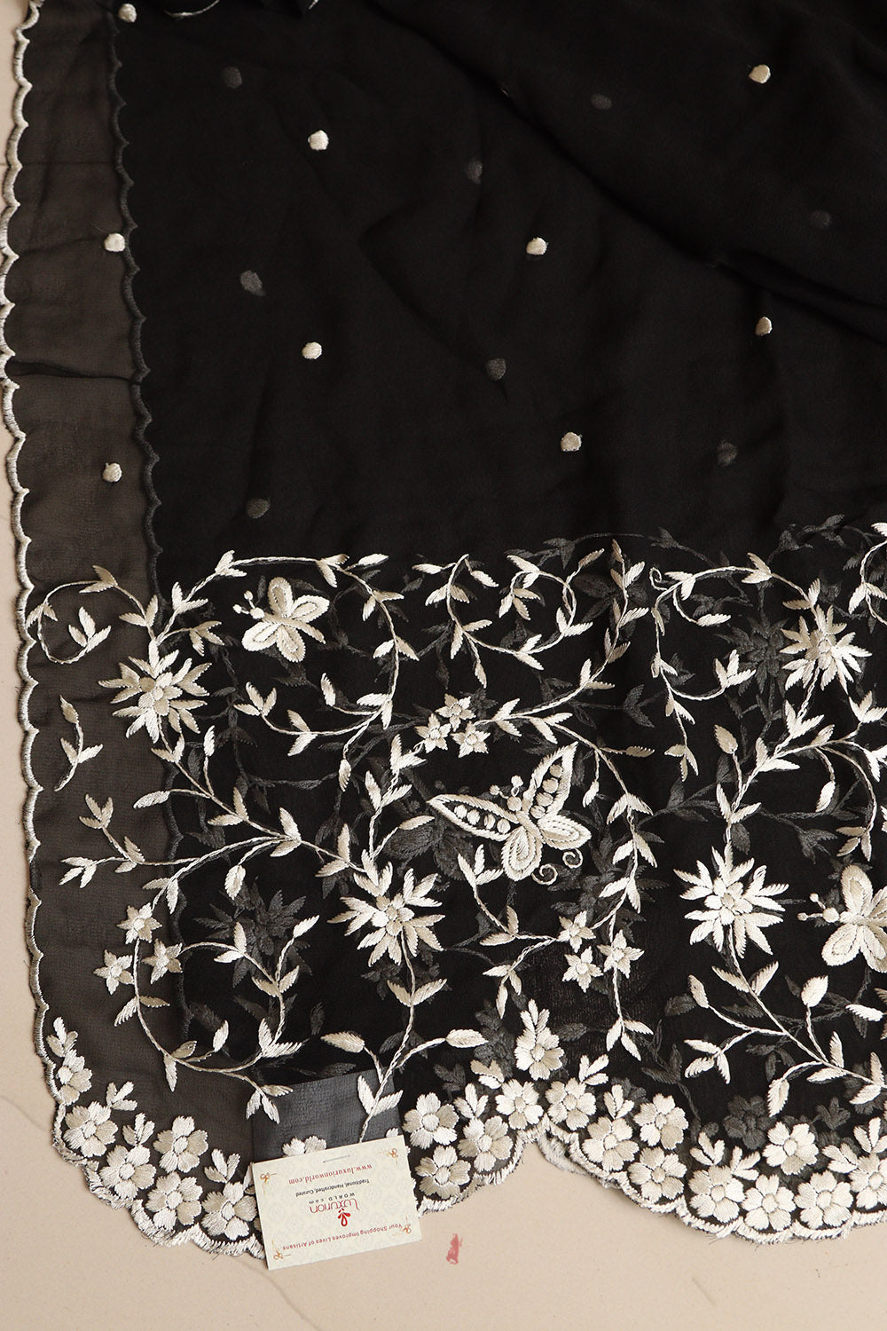 Black Hand Embroidered Parsi Georgette Flower Design Stole - Luxurion World