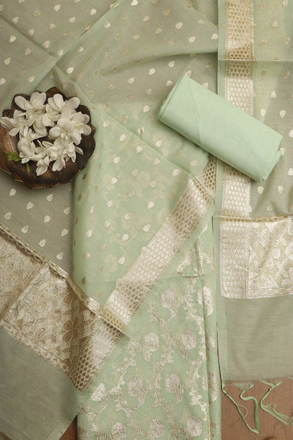 Exquisite Green Banarasi Chanderi Silk Three Piece Unstitched Suit Set - Luxurion World