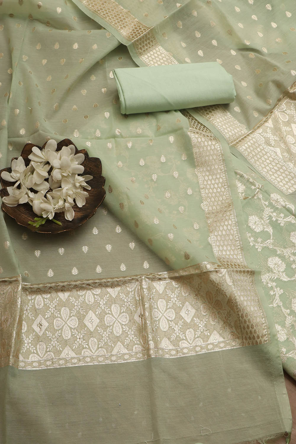 Exquisite Green Banarasi Chanderi Silk Three Piece Unstitched Suit Set - Luxurion World