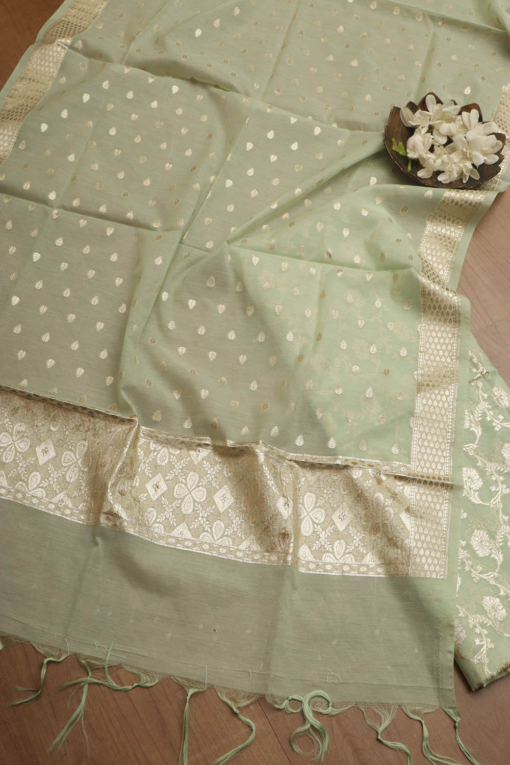 Exquisite Green Banarasi Chanderi Silk Three Piece Unstitched Suit Set - Luxurion World