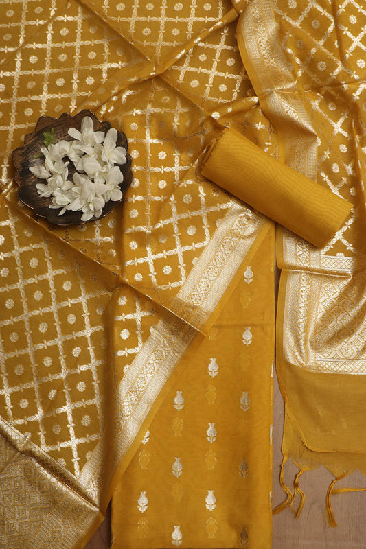 Vibrant Yellow Banarasi Chanderi Silk Three Piece Unstitched Suit Set - Luxurion World