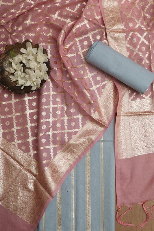 Exquisite Blue Banarasi Chanderi Silk Three Piece Unstitched Suit Set - Luxurion World