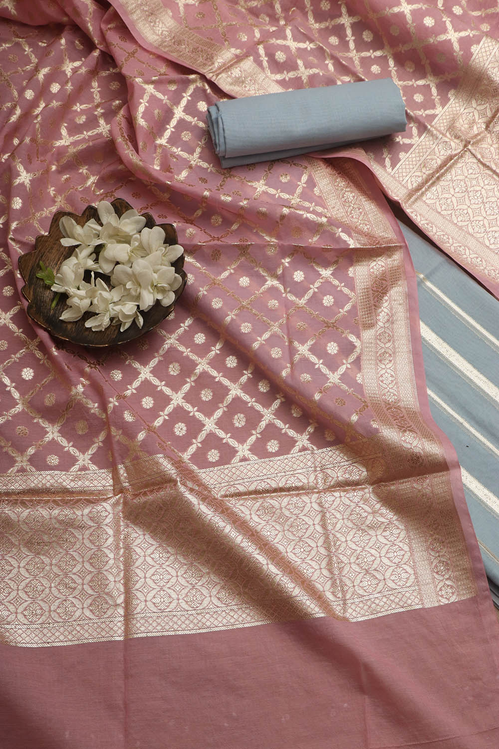 Exquisite Blue Banarasi Chanderi Silk Three Piece Unstitched Suit Set - Luxurion World