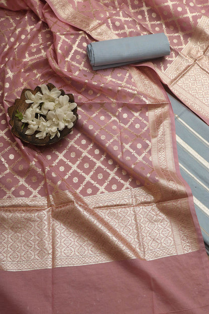 Exquisite Blue Banarasi Chanderi Silk Three Piece Unstitched Suit Set - Luxurion World