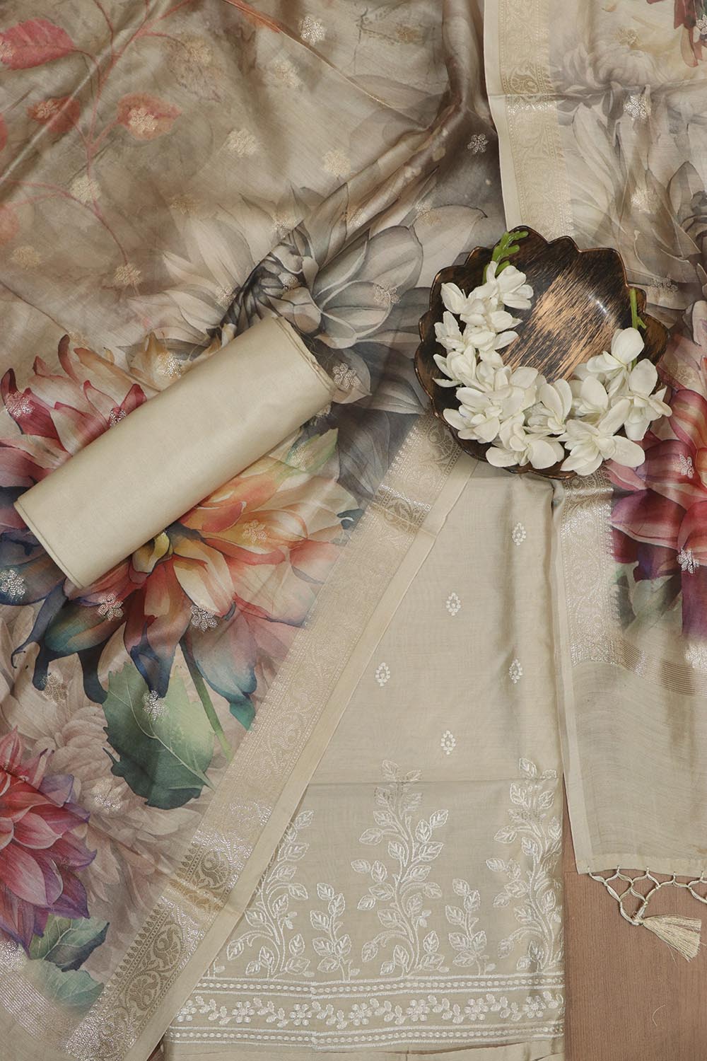 Pastel Digital Printed Chanderi Silk Embroidered Three Piece Suit Set - Luxurion World