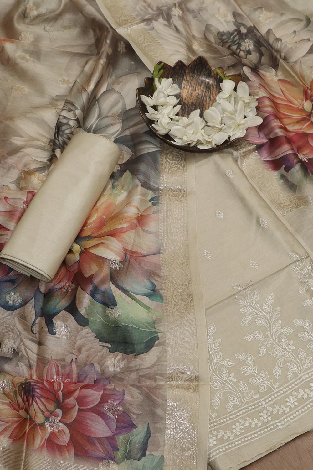 Pastel Digital Printed Chanderi Silk Embroidered Three Piece Suit Set - Luxurion World