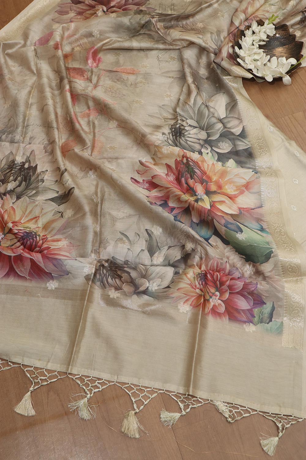 Pastel Digital Printed Chanderi Silk Embroidered Three Piece Suit Set - Luxurion World