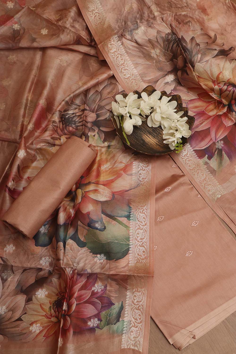 Orange Digital Printed Chanderi Silk Embroidered Three Piece Suit Set - Luxurion World