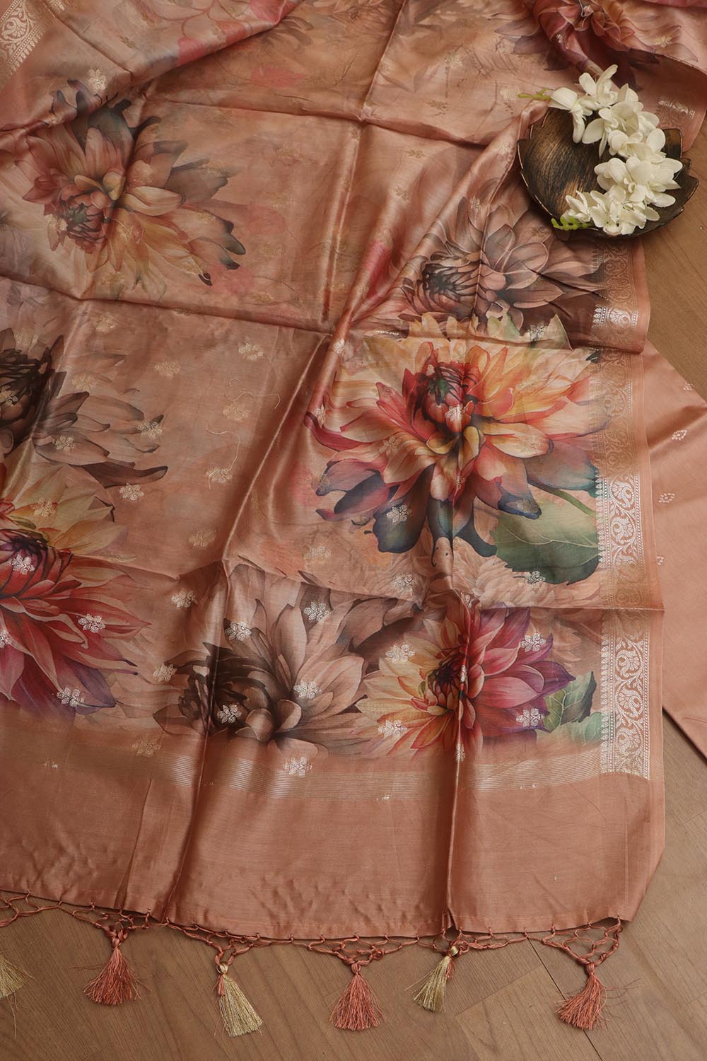 Orange Digital Printed Chanderi Silk Embroidered Three Piece Suit Set - Luxurion World