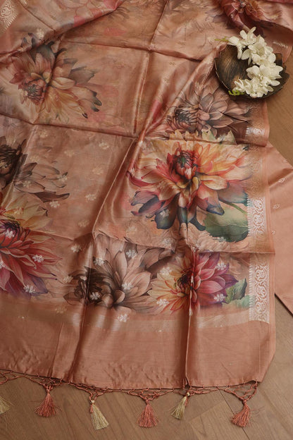 Orange Digital Printed Chanderi Silk Embroidered Three Piece Suit Set - Luxurion World