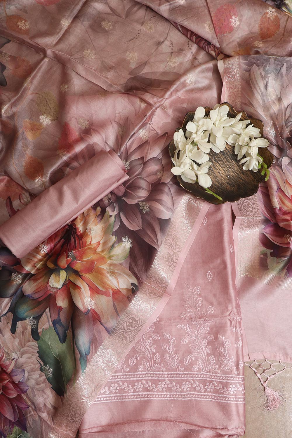 Stunning Pink Digital Printed Chanderi Silk Embroidered Three Piece Suit Set - Luxurion World