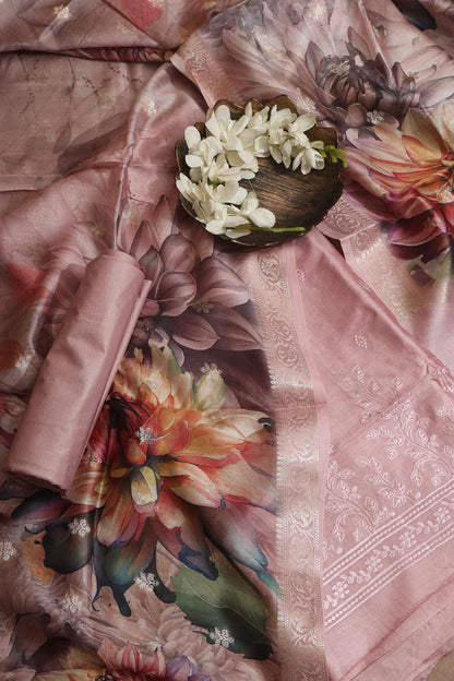Stunning Pink Digital Printed Chanderi Silk Embroidered Three Piece Suit Set - Luxurion World